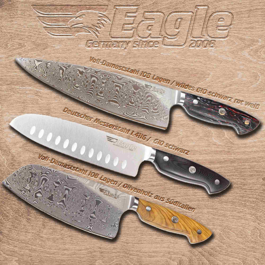 Eagle Pro U-Grip - Santoku-Messer 18 cm Klingenlänge - Voll-Damaststahl 108 Lagen / Heftschalen: Olivenholz aus Süditalien