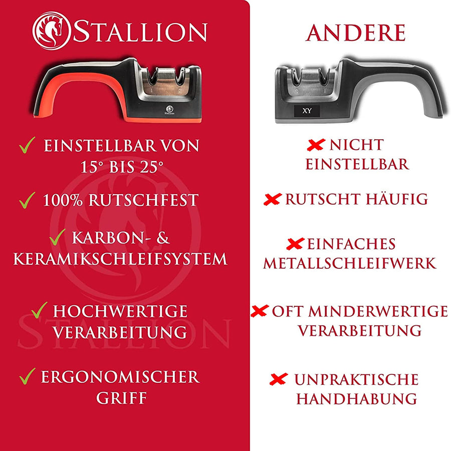 Stallion Professional - Messerschärfer mit einstellbarem Schleifwinkel - Doppelschleifsystem mit Karbonstahl und Keramik