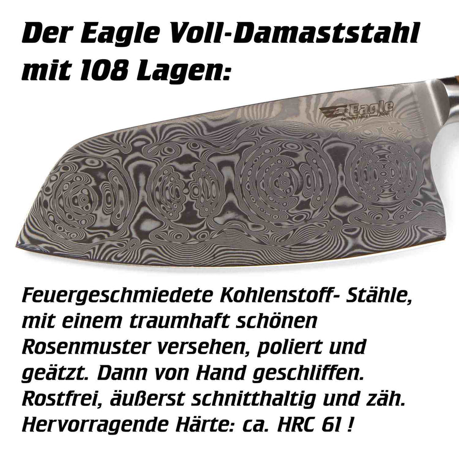 Eagle Pro U-Grip - Santoku-Messer 13 cm Klingenlänge - Voll-Damaststahl 108 Lagen / Heftschalen: G10 schwarz-rot-weiß