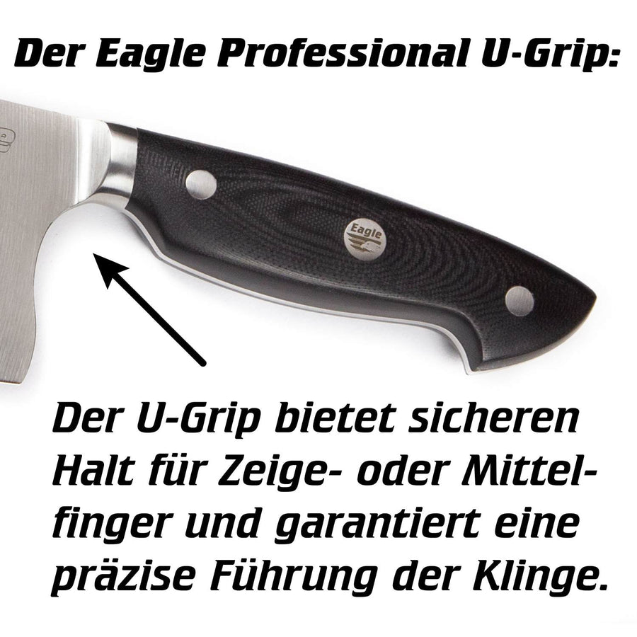 Eagle Pro U-Grip - ChaiDao-Messer 18 cm Klingenlänge - Voll-Damaststahl 108 Lagen / Heftschalen: G10 schwarz-rot-weiß