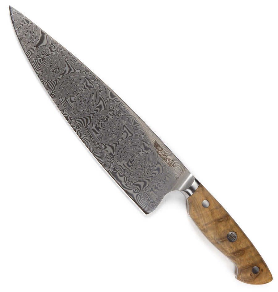 Eagle Pro U-Grip - Chefmesser 23 cm Klingenlänge - Voll-Damaststahl 108 Lagen / Heftschalen: Olivenholz aus Süditalien