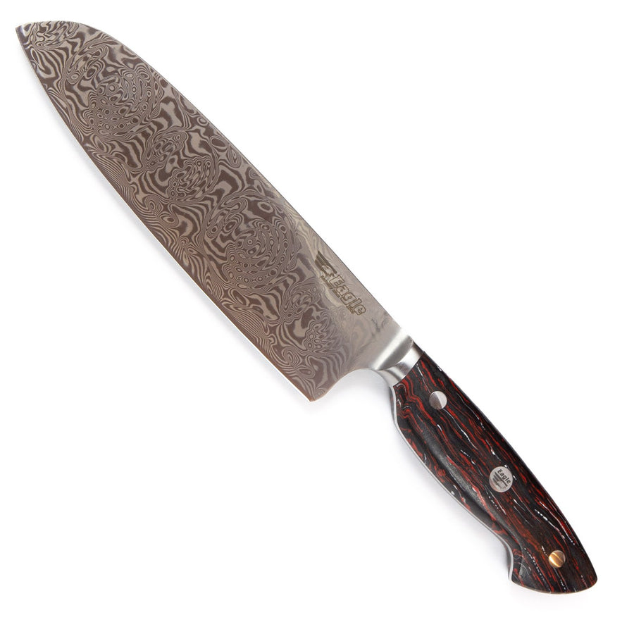 Eagle Pro U-Grip - Santoku-Messer 18 cm Klingenlänge - Voll-Damaststahl 108 Lagen / Heftschalen: G10 schwarz-rot-weiß