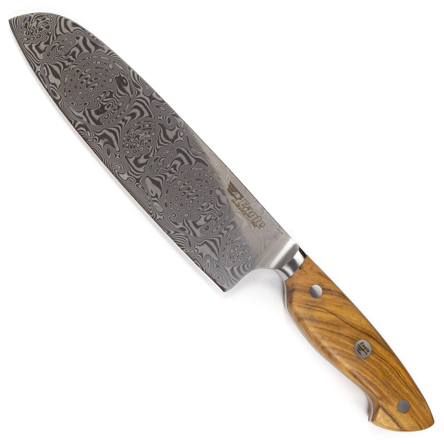 Eagle Pro U-Grip - Santoku-Messer 18 cm Klingenlänge - Voll-Damaststahl 108 Lagen / Heftschalen: Olivenholz aus Süditalien