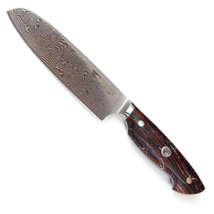 Eagle Pro U-Grip - Santoku-Messer 13 cm Klingenlänge - Voll-Damaststahl 108 Lagen / Heftschalen: G10 schwarz-rot-weiß