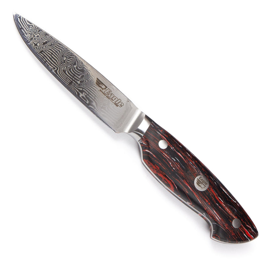 Eagle Pro U-Grip - Officemesser 10 cm Klingenlänge - Voll-Damaststahl 108 Lagen / Heftschalen: G10 schwarz-rot-weiß