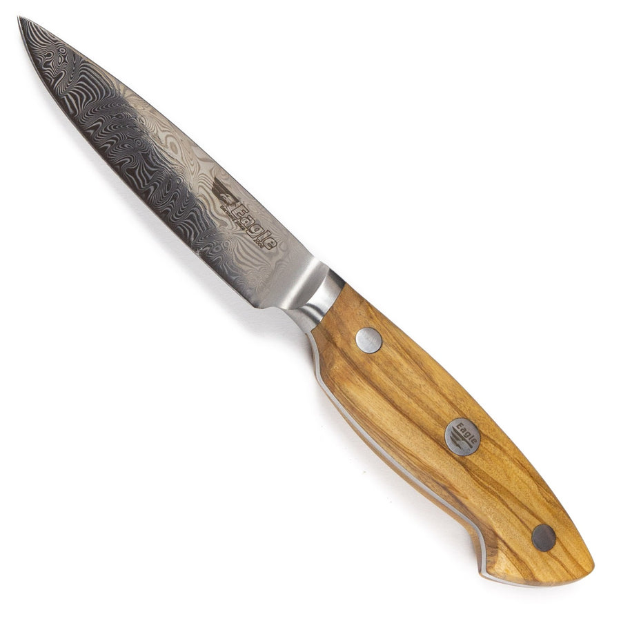 Eagle Pro U-Grip - Officemesser 10 cm Klingenlänge - Voll-Damaststahl 108 Lagen / Heftschalen: Olivenholz aus Süditalien