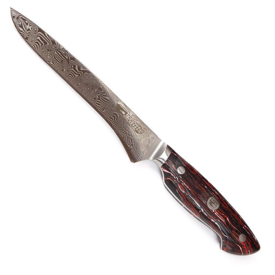 Eagle Pro U-Grip - Ausbeinmesser 15 cm Klingenlänge - Voll-Damaststahl 108 Lagen / Heftschalen: G10 schwarz-rot-weiß