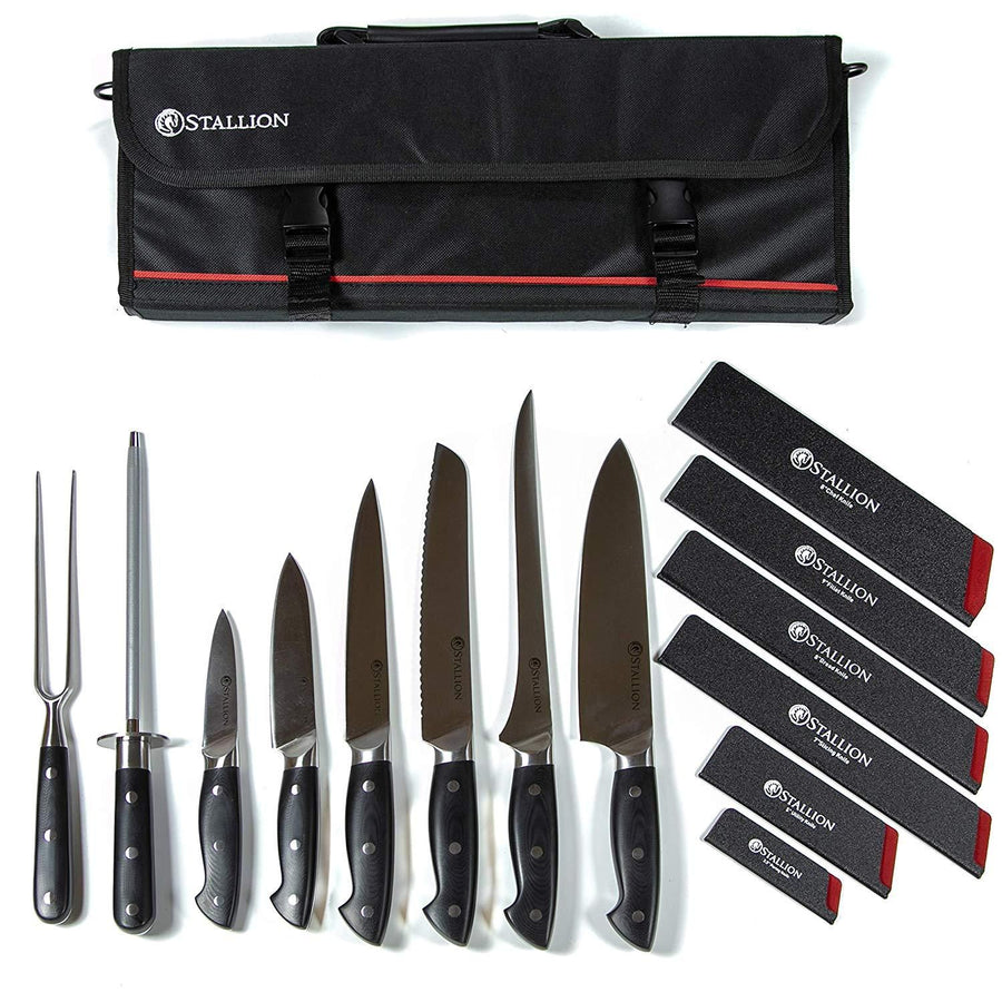 Stallion Professional Messer - Messertasche mit sechs Messern, Wetzstahl und Fleischgabel