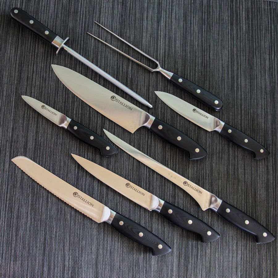 Stallion Professional Messer - Messertasche mit sechs Messern, Wetzstahl und Fleischgabel