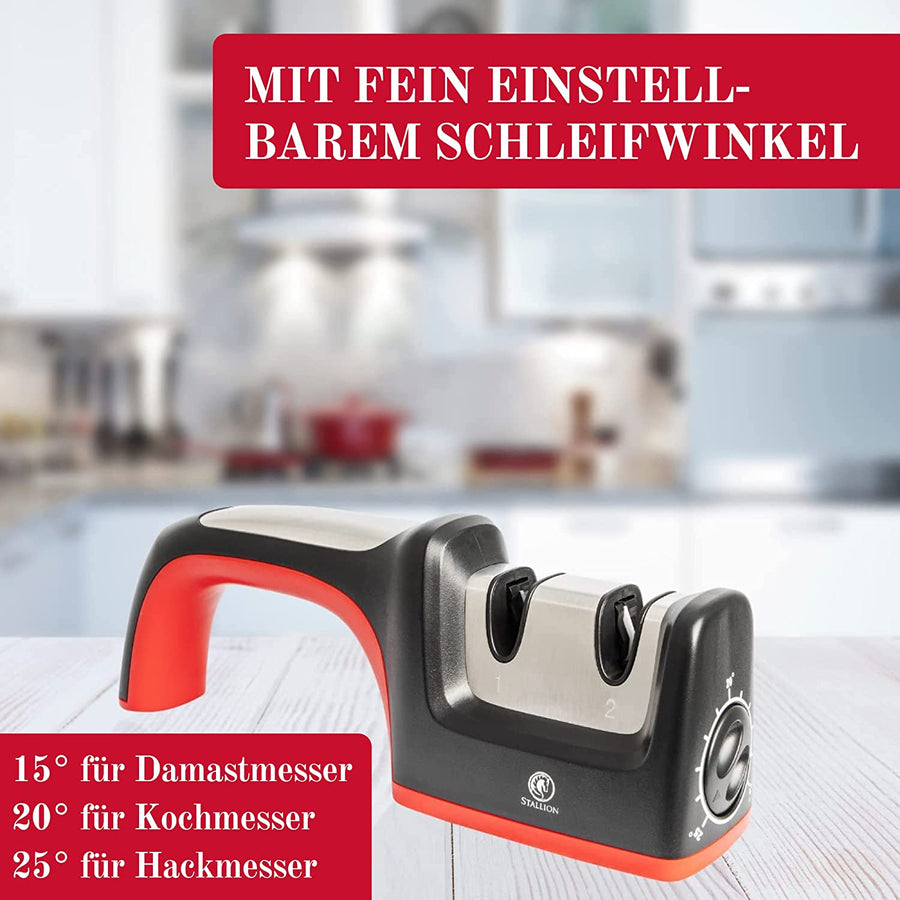 Stallion Professional - Messerschärfer mit einstellbarem Schleifwinkel - Doppelschleifsystem mit Karbonstahl und Keramik