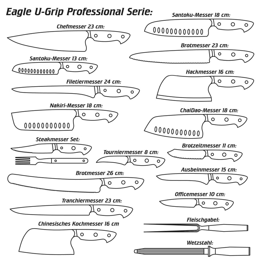 Eagle Pro U-Grip - 5-er Messer-Set mit Bambus Messerblock - Deutscher Messerstahl 1.4116 / Heftschalen: G10 schwarz