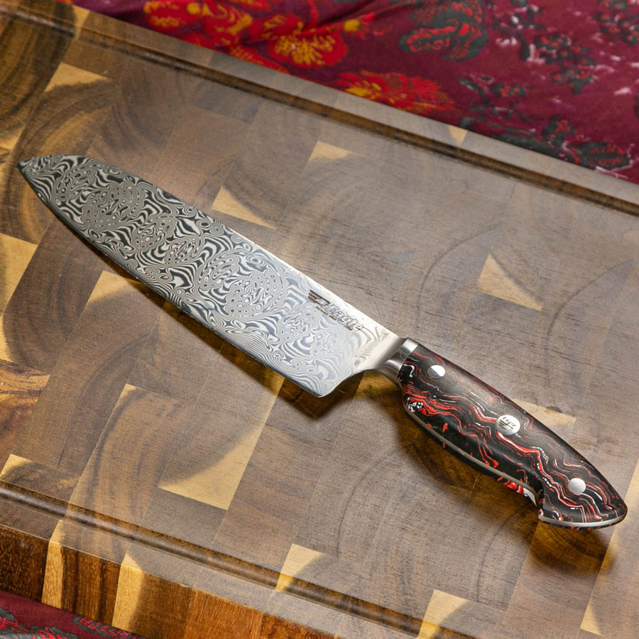 Eagle Pro U-Grip - Santoku-Messer 18 cm Klingenlänge - Voll-Damaststahl 108 Lagen / Heftschalen: G10 schwarz-rot-weiß