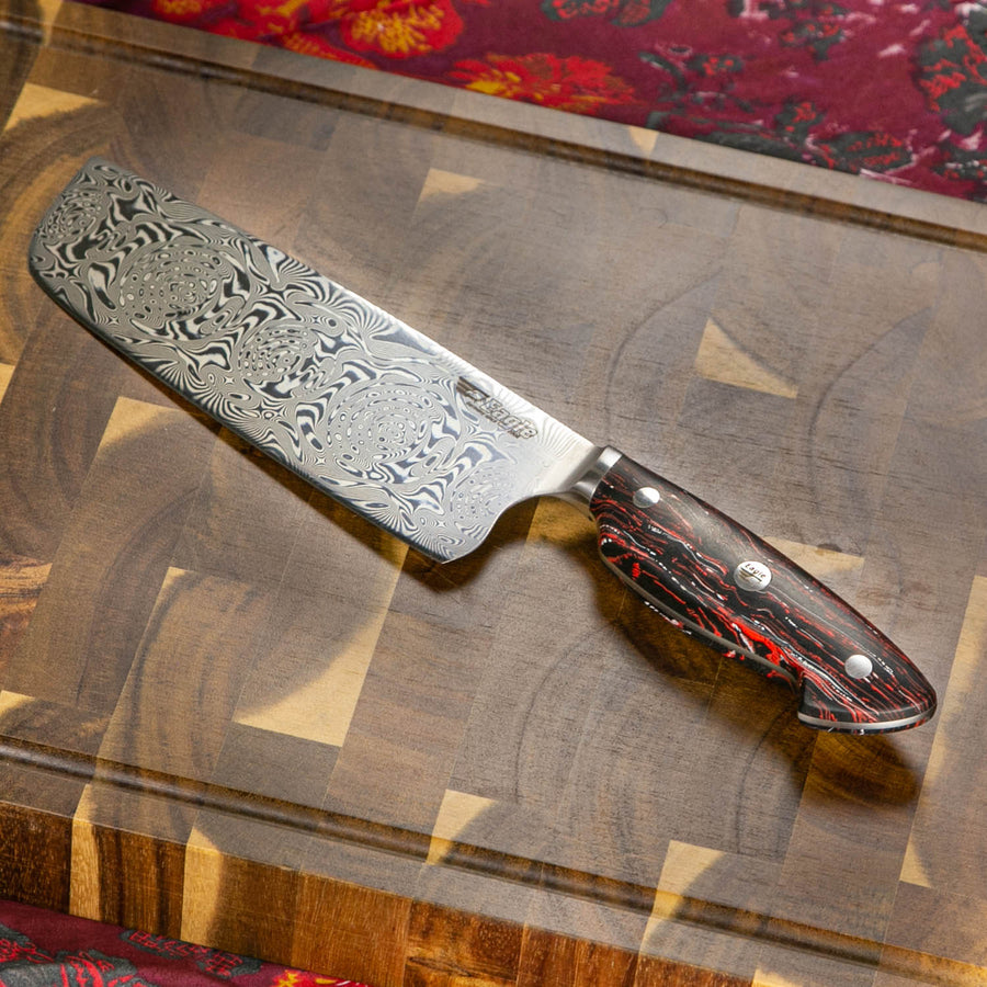 Eagle Pro U-Grip - Nakiri-Messer 18 cm Klingenlänge - Voll-Damaststahl 108 Lagen / Heftschalen: G10 schwarz-rot-weiß