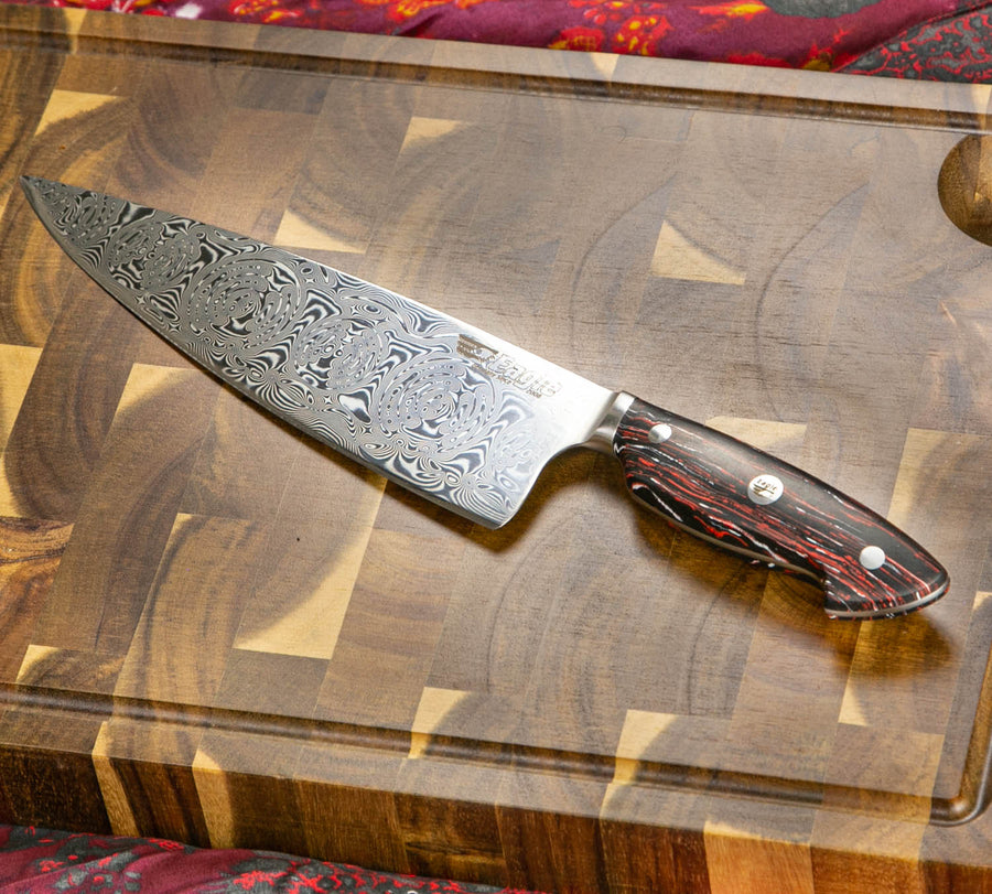 Eagle Pro U-Grip - Chefmesser 23 cm Klingenlänge - Voll-Damaststahl 108 Lagen / Heftschalen: G10 schwarz-rot-weiß