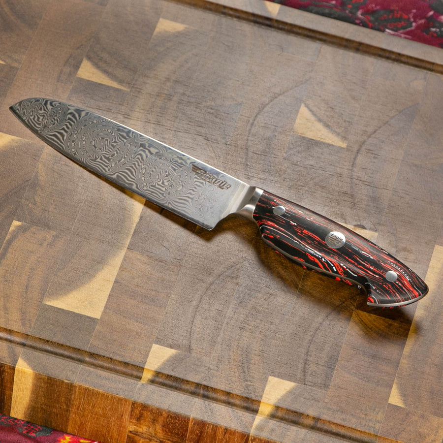 Eagle Pro U-Grip - Santoku-Messer 13 cm Klingenlänge - Voll-Damaststahl 108 Lagen / Heftschalen: G10 schwarz-rot-weiß
