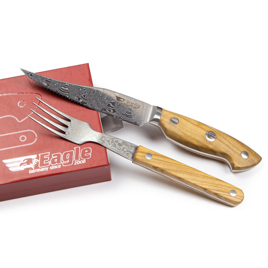 Eagle Pro U-Grip - Steakmesser Set - Voll-Damaststahl 108 Lagen / Heftschalen: Olivenholz aus Süditalien