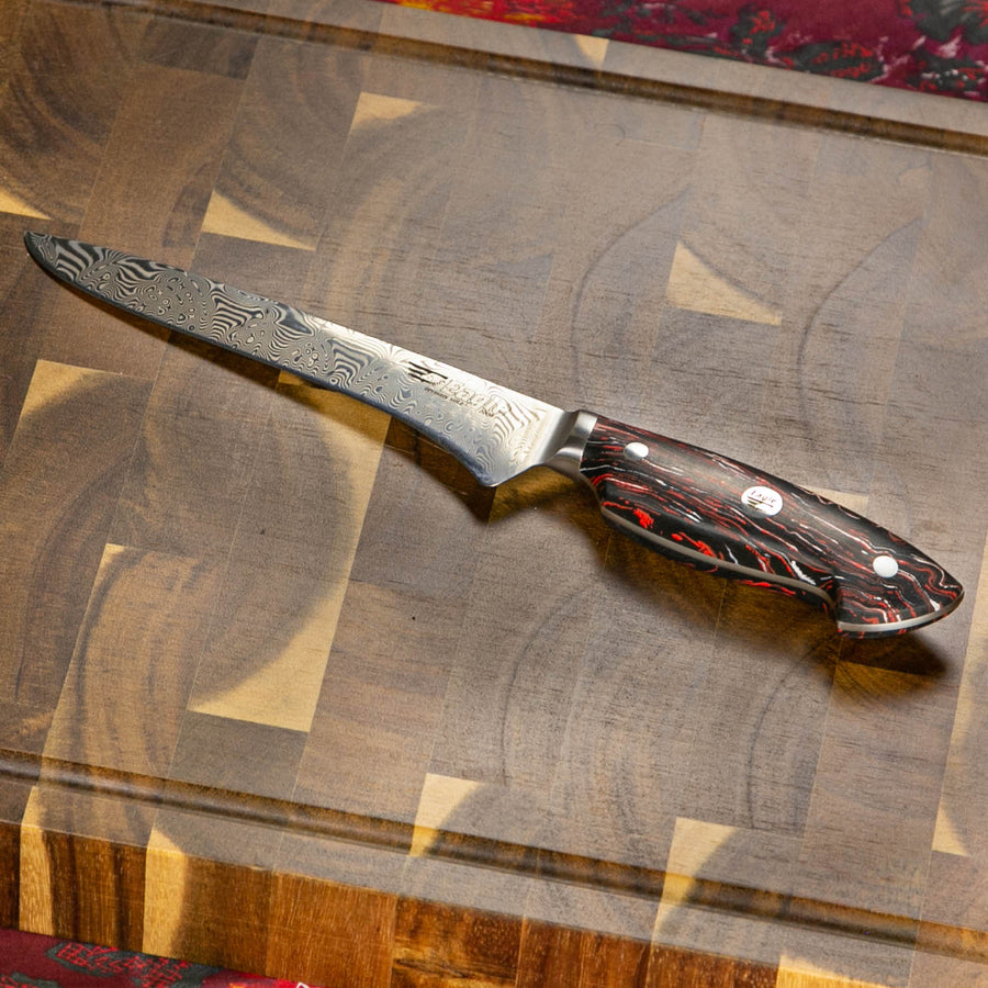 Eagle Pro U-Grip - Ausbeinmesser 15 cm Klingenlänge - Voll-Damaststahl 108 Lagen / Heftschalen: G10 schwarz-rot-weiß