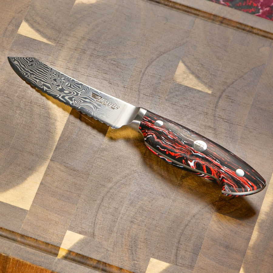 Eagle Pro U-Grip - Brotzeitmesser 11 cm Klingenlänge - Voll-Damaststahl 108 Lagen / Heftschalen: G10 schwarz-rot-weiß