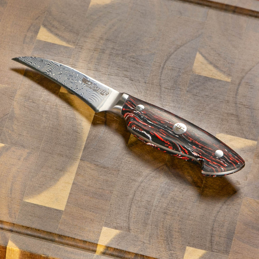 Eagle Pro U-Grip - Tourniermesser 8 cm Klingenlänge - Voll-Damaststahl 108 Lagen / Heftschalen: G10 schwarz-rot-weiß