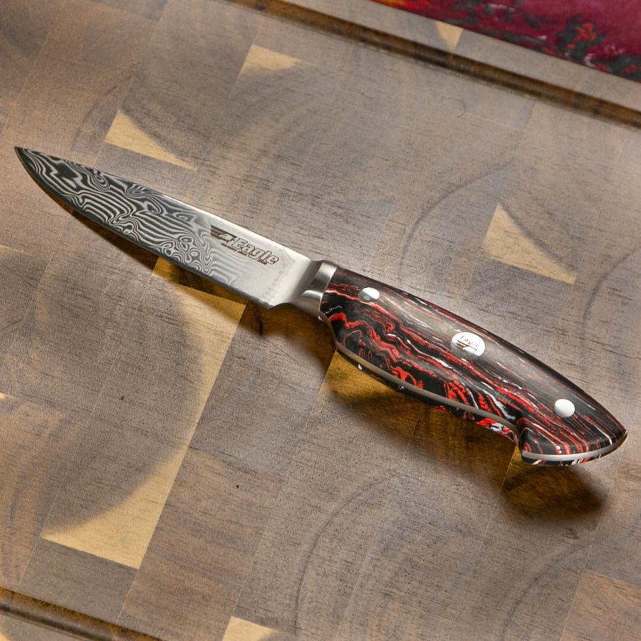 Eagle Pro U-Grip - Officemesser 10 cm Klingenlänge - Voll-Damaststahl 108 Lagen / Heftschalen: G10 schwarz-rot-weiß