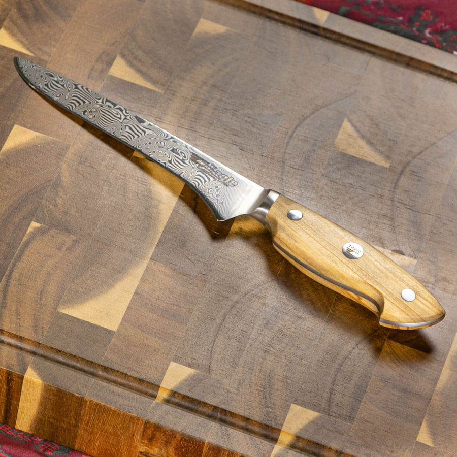 Eagle Pro U-Grip - Ausbeinmesser 15 cm Klingenlänge - Voll-Damaststahl 108 Lagen / Heftschalen: Olivenholz aus Süditalien