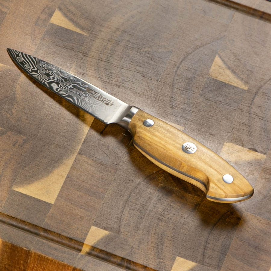 Eagle Pro U-Grip - Officemesser 10 cm Klingenlänge - Voll-Damaststahl 108 Lagen / Heftschalen: Olivenholz aus Süditalien