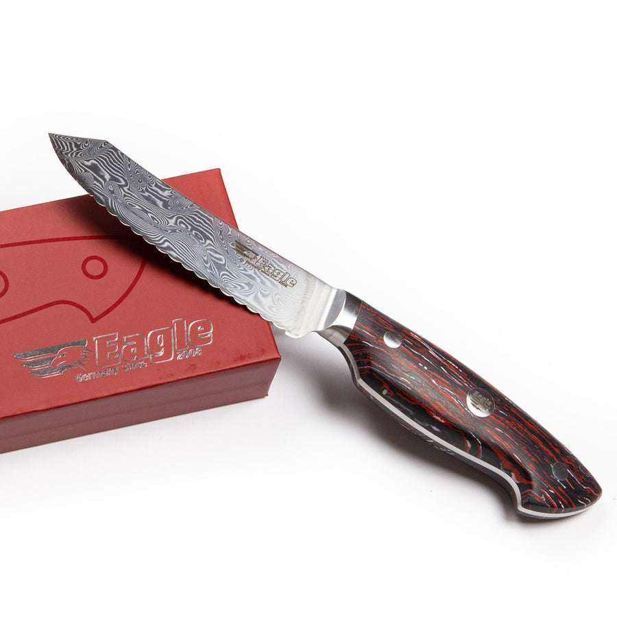 Eagle Pro U-Grip - Brotzeitmesser 11 cm Klingenlänge - Voll-Damaststahl 108 Lagen / Heftschalen: G10 schwarz-rot-weiß