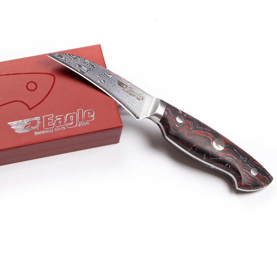 Eagle Pro U-Grip - Tourniermesser 8 cm Klingenlänge - Voll-Damaststahl 108 Lagen / Heftschalen: G10 schwarz-rot-weiß