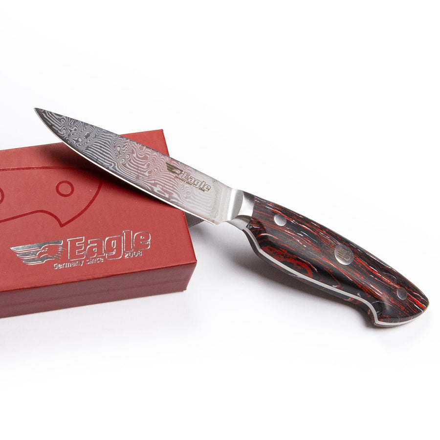 Eagle Pro U-Grip - Officemesser 10 cm Klingenlänge - Voll-Damaststahl 108 Lagen / Heftschalen: G10 schwarz-rot-weiß