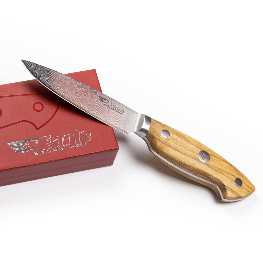 Eagle Pro U-Grip - Officemesser 10 cm Klingenlänge - Voll-Damaststahl 108 Lagen / Heftschalen: Olivenholz aus Süditalien