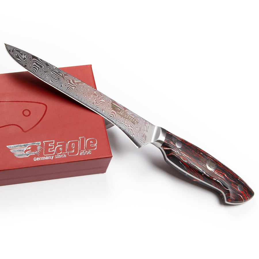 Eagle Pro U-Grip - Ausbeinmesser 15 cm Klingenlänge - Voll-Damaststahl 108 Lagen / Heftschalen: G10 schwarz-rot-weiß