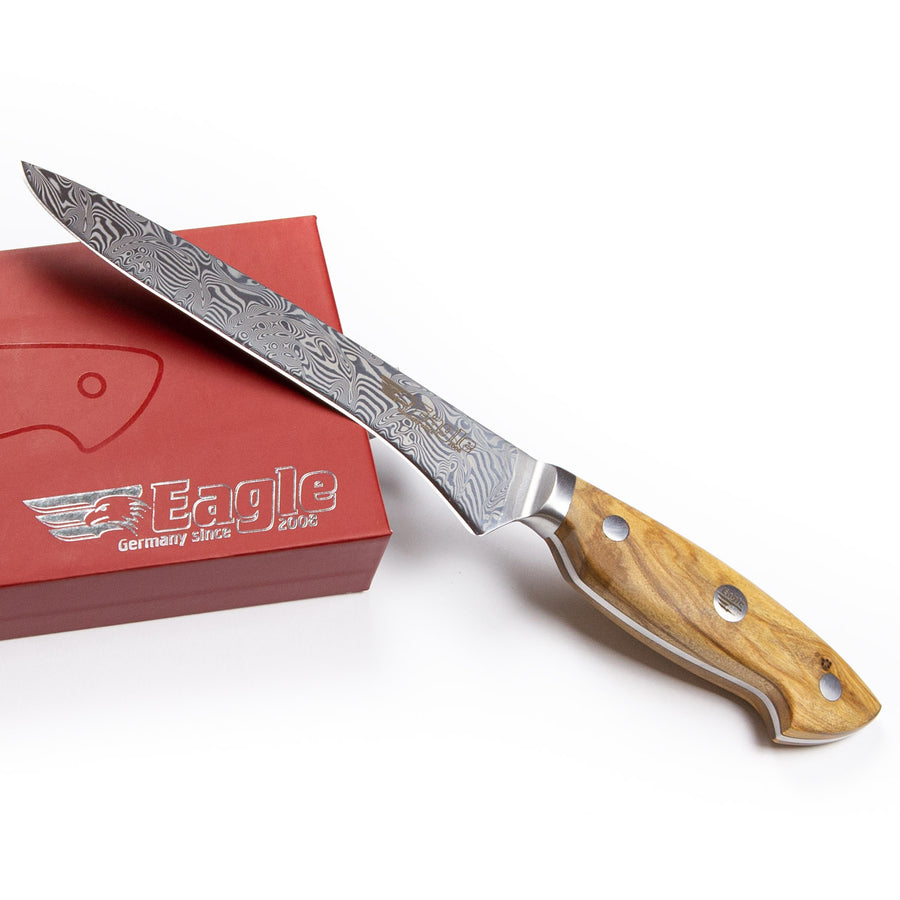 Eagle Pro U-Grip - Ausbeinmesser 15 cm Klingenlänge - Voll-Damaststahl 108 Lagen / Heftschalen: Olivenholz aus Süditalien