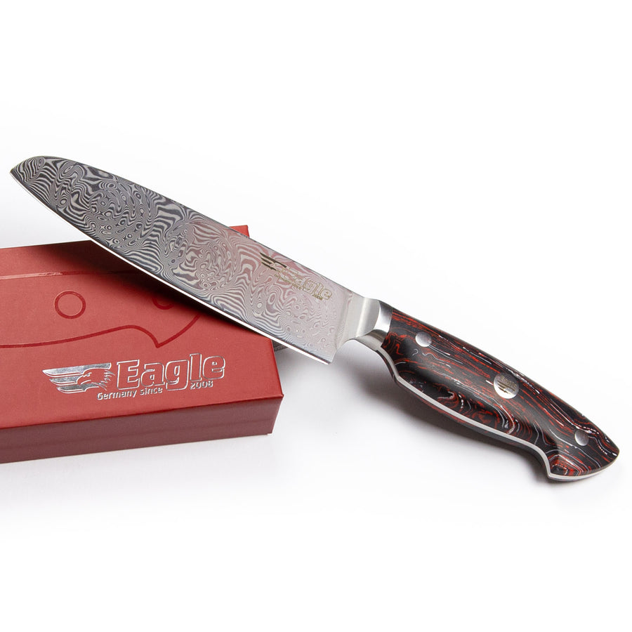 Eagle Pro U-Grip - Santoku-Messer 13 cm Klingenlänge - Voll-Damaststahl 108 Lagen / Heftschalen: G10 schwarz-rot-weiß