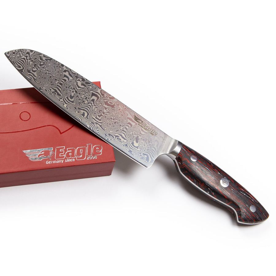 Eagle Pro U-Grip - Santoku-Messer 18 cm Klingenlänge - Voll-Damaststahl 108 Lagen / Heftschalen: G10 schwarz-rot-weiß