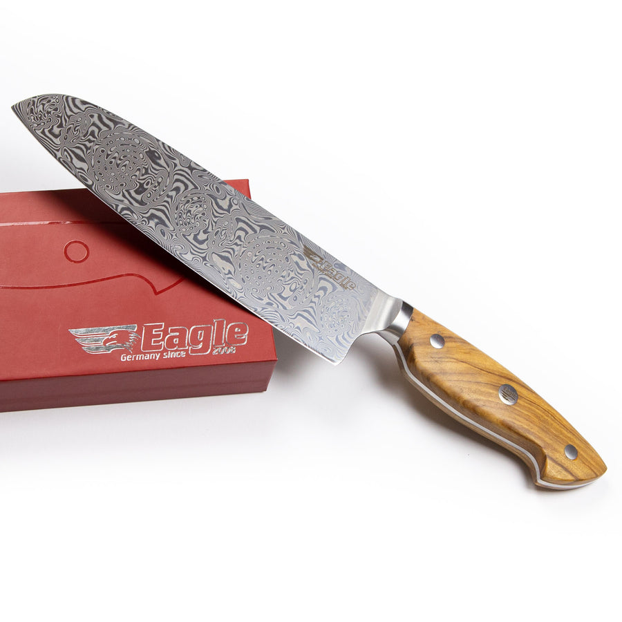 Eagle Pro U-Grip - Santoku-Messer 18 cm Klingenlänge - Voll-Damaststahl 108 Lagen / Heftschalen: Olivenholz aus Süditalien