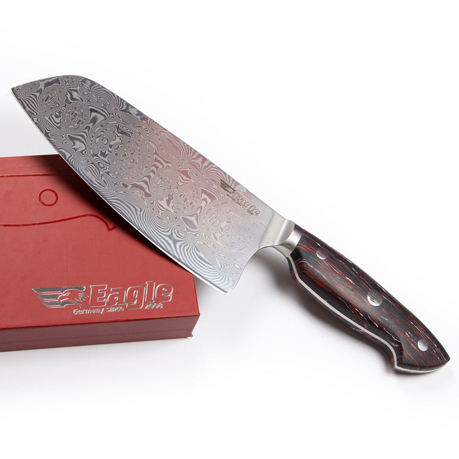 Eagle Pro U-Grip - ChaiDao-Messer 18 cm Klingenlänge - Voll-Damaststahl 108 Lagen / Heftschalen: G10 schwarz-rot-weiß
