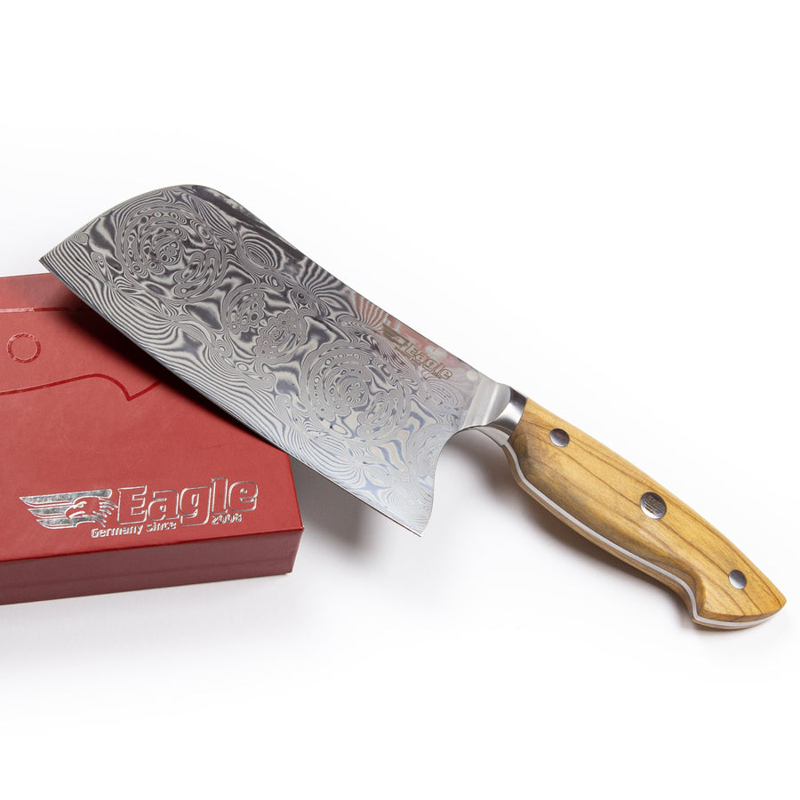Eagle Pro U-Grip - Chinesisches Kochmesser 16 cm Klingenlänge - Voll-Damaststahl 108 Lagen / Heftschalen: Olivenholz aus Süditalien