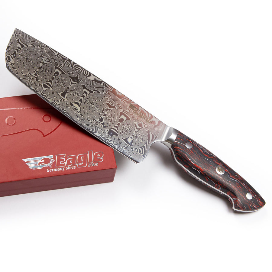 Eagle Pro U-Grip - Nakiri-Messer 18 cm Klingenlänge - Voll-Damaststahl 108 Lagen / Heftschalen: G10 schwarz-rot-weiß