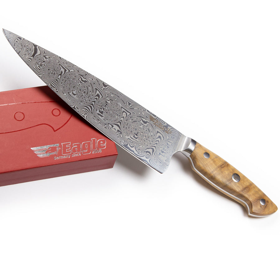 Eagle Pro U-Grip - Chefmesser 23 cm Klingenlänge - Voll-Damaststahl 108 Lagen / Heftschalen: Olivenholz aus Süditalien