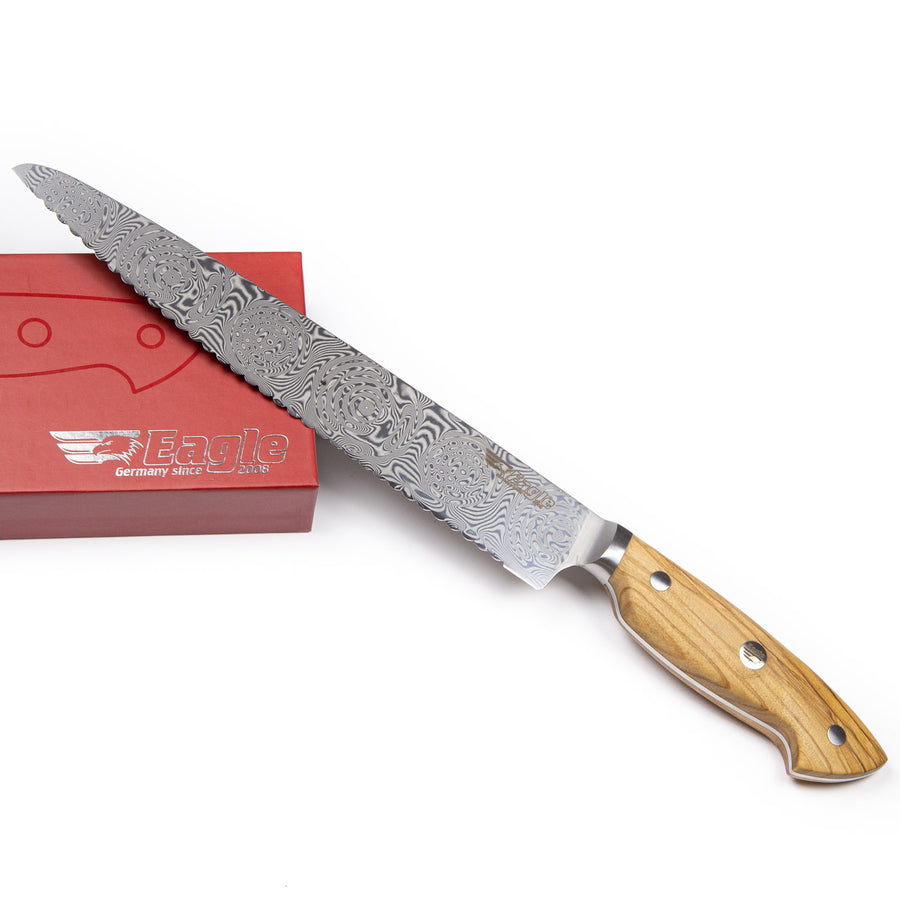 Eagle Pro U-Grip - Brotmesser 23 cm Klingenlänge - Voll-Damaststahl 108 Lagen / Heftschalen: Olivenholz aus Süditalien
