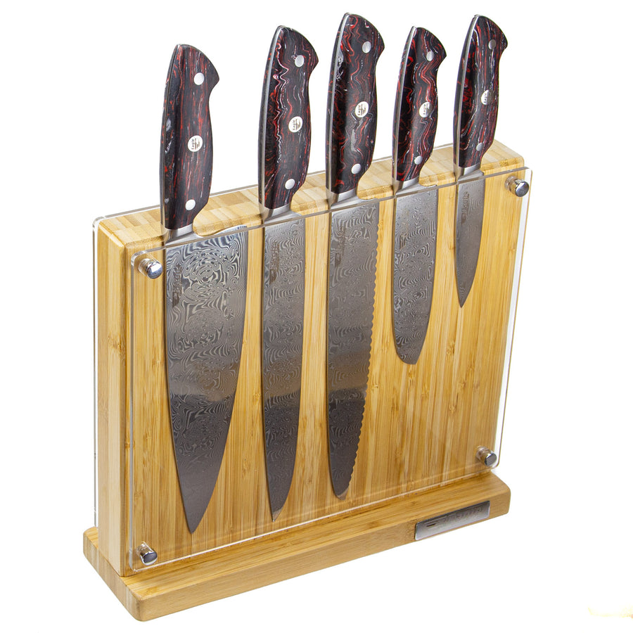 Eagle Pro U-Grip - 5-er Messer-Set mit Bambus Messerblock - Voll-Damaststahl 108 Lagen / Heftschalen: G10 schwarz-rot-weiß