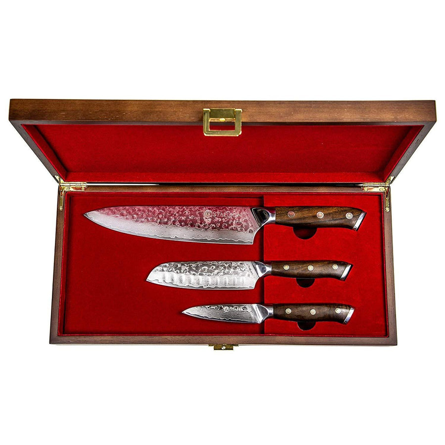 Stallion Damastmesser Ironwood 3er Messerset - Kochmesser, kleines Santokumesser und Officemesser