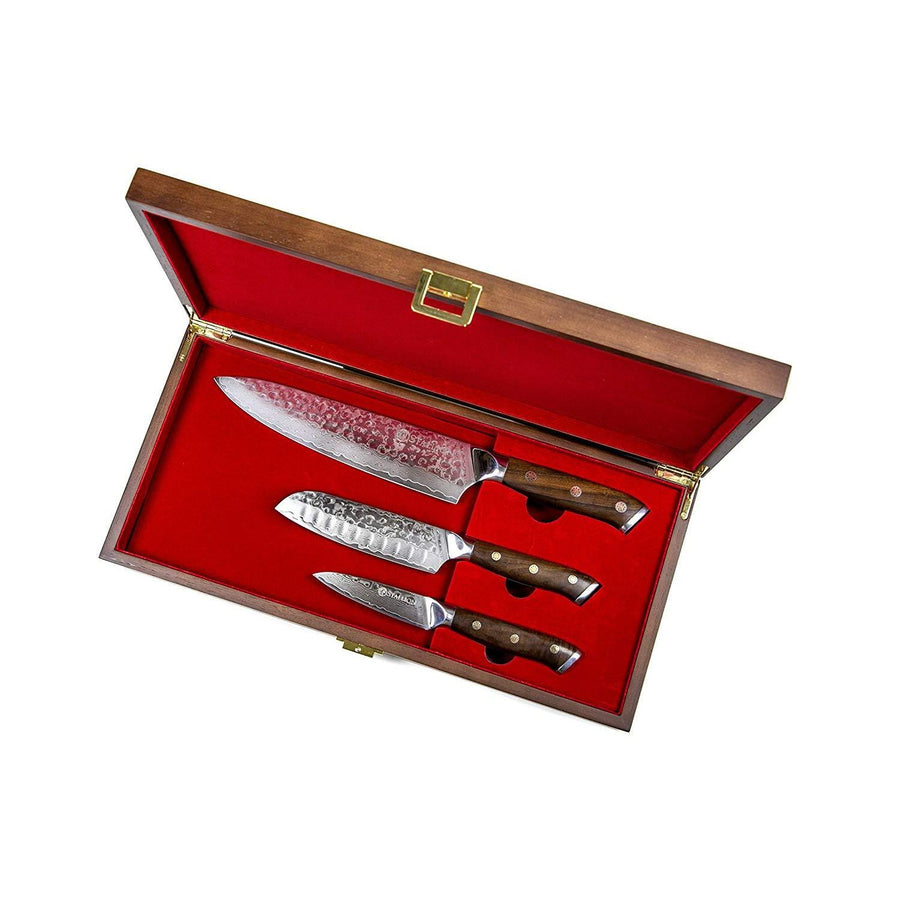 Stallion Damastmesser Ironwood 3er Messerset - Kochmesser, kleines Santokumesser und Officemesser