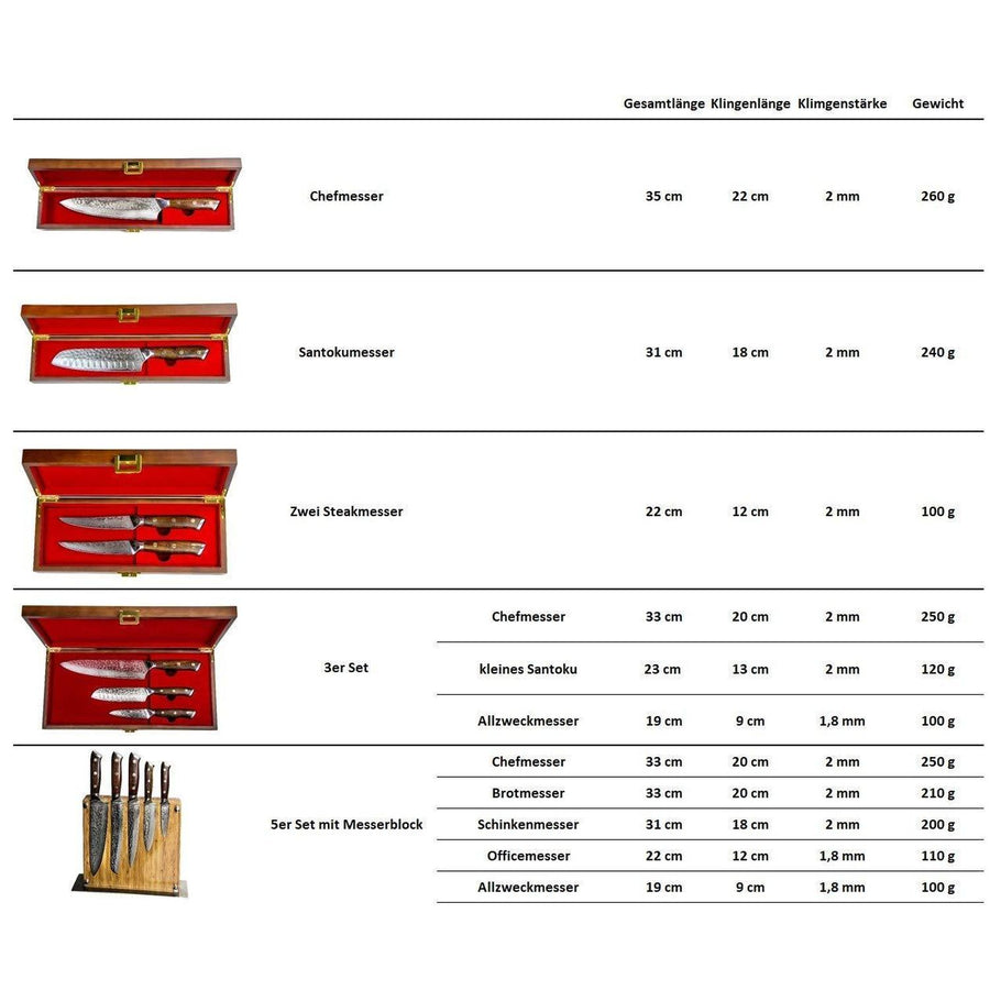 Stallion Damastmesser Ironwood 3er Messerset - Kochmesser, kleines Santokumesser und Officemesser