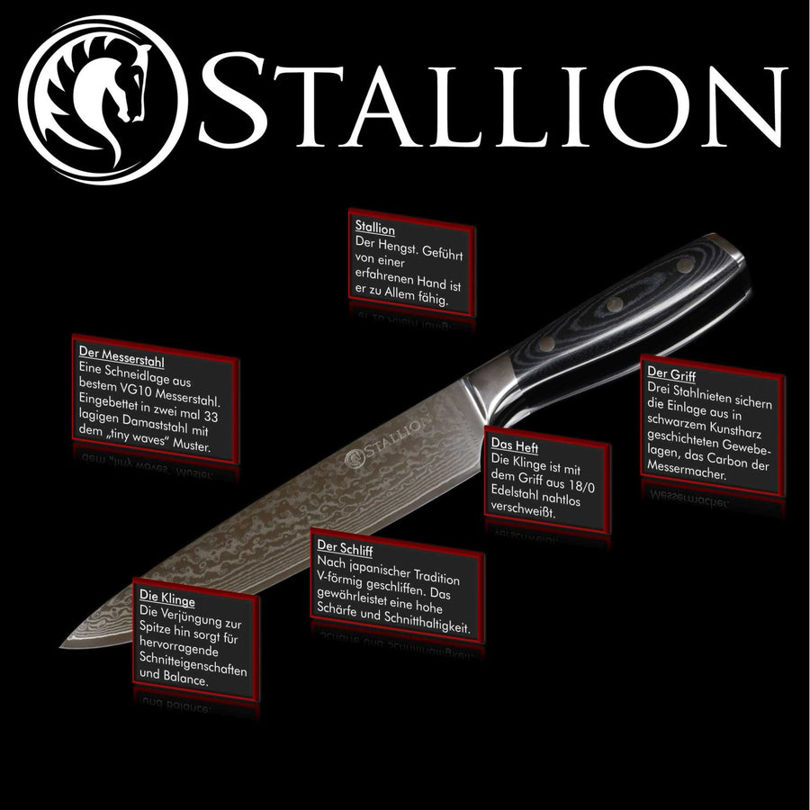 Stallion Damastmesser Wave 3er Messerset - Kochmesser, kleines Santokumesser und Officemesser