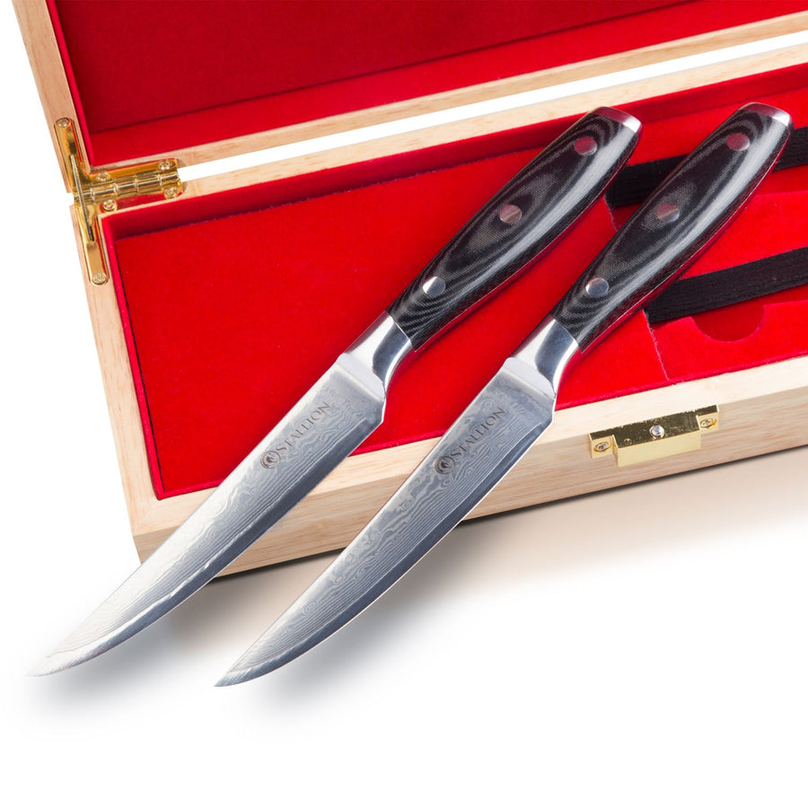 Stallion Damastmesser Wave Zwei Steakmesser - Messer aus Damaststahl in Edler Geschenkbox